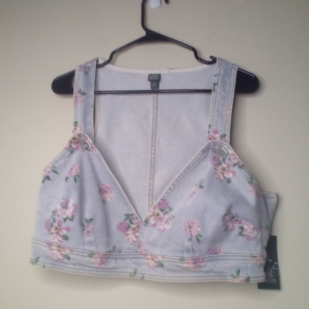 Wild Fable Cropped Vest Top Women XXL Denim Light Wash Bralette Floral Blue